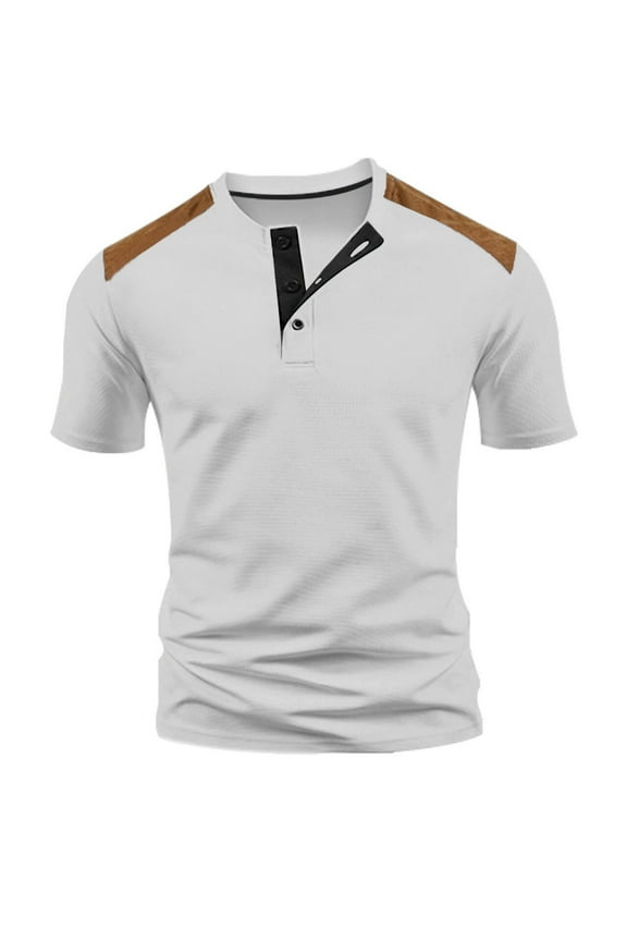 Men's Short Sleeve Contrast Shoulder Shirt Ribbed Neck Button Placket Stretchy Fabric Moisture Wicking Gym Wear Gray M