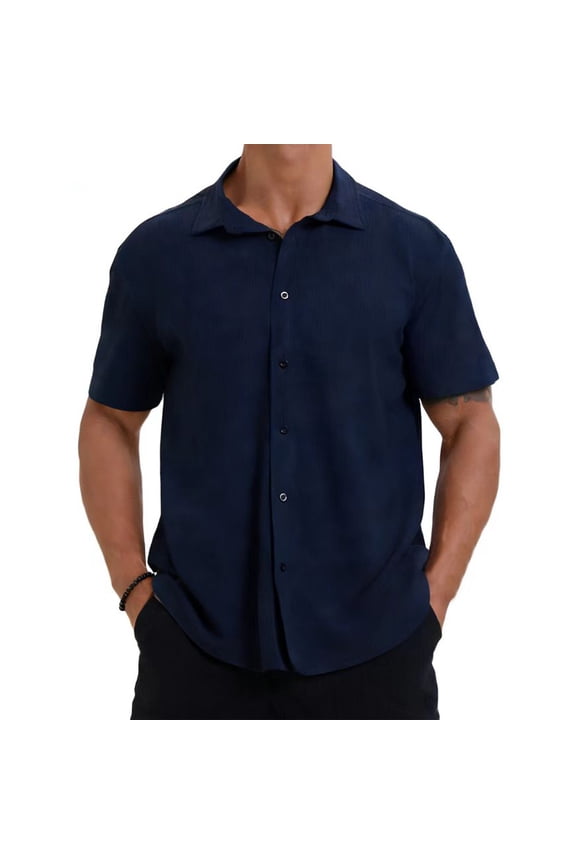 Men's Short Sleeve Deep V Neck Oversized Shirt Full Placket Soft Fabric Breathable Casual Daily Outdoor Wear Navy XXL