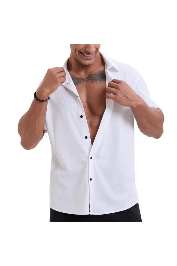 Men's Short Sleeve Deep V Neck Oversized Shirt Full Placket Soft Fabric Breathable Casual Daily Outdoor Wear White XXL