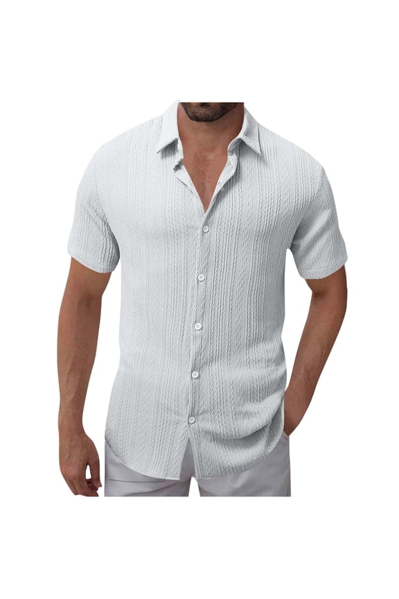 Men's Short Sleeve Deep V Neck Shirt Full Placket Soft Fabric Stylish Breathable Casual Streetwear Everyday Top White M