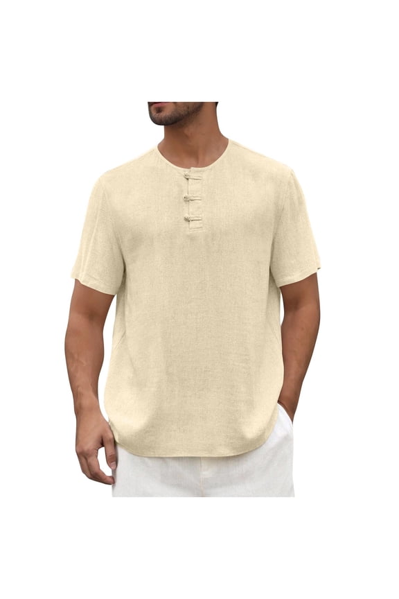Men's Short Sleeve Half Placket Tee Crew Neck Pull-On Design Soft Fabric Breathable Versatile Casual Everyday Wear Beige XXXL