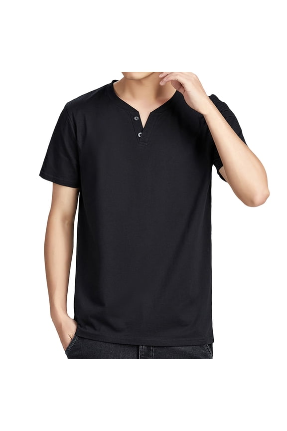 Men's Short Sleeve Half Placket Tee Crew Neck Pull-On Style Durable Fabric Comfortable Everyday Wear Black L