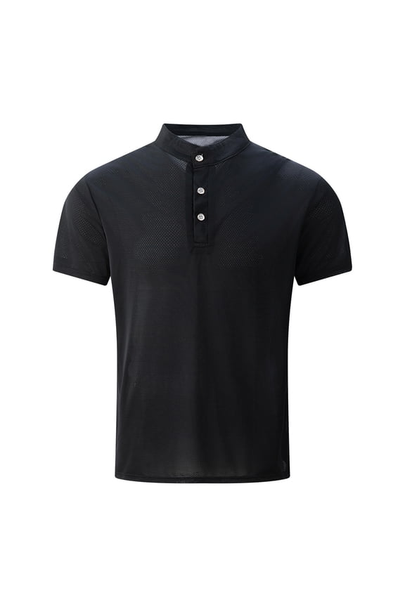 Men's Short Sleeve Half Placket Tee Crew Neck Pull-On Style Soft Fabric Comfortable Versatile Casual Everyday Outdoor Top Black XXXL