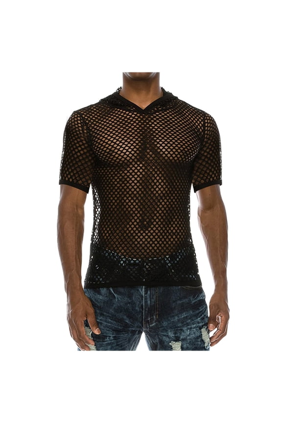 Men's Short Sleeve Mesh Shirt Spread Collar Button Closure Sheer Fabric Stylish Casual Party Daily Wear Black L