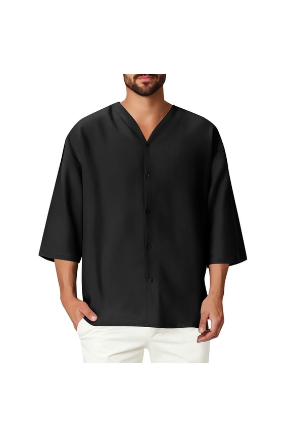 Men's Short Sleeve Open Placket Top V Neck Oversized Soft Fabric Breathable Casual Daily Wear Black L