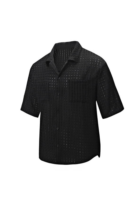 Men's Short Sleeve Patterned Shirt Spread Collar Full Placket Stylish Fabric Wrinkle Resistant Business Casual Office Wear Black L