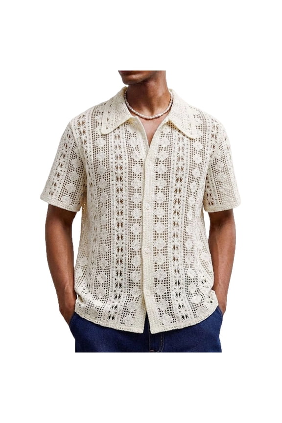 Men's Short Sleeve Patterned Shirt Spread Collar Stylish Fabric Breathable Casual Outdoor Daily Wear White L