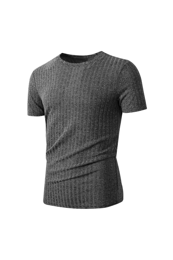 Men's Short Sleeve Ribbed Tee Crew Neck Pull-On Design Stretchy Fabric Moisture Wicking Gym Casual Activity Wear Dark Gray M
