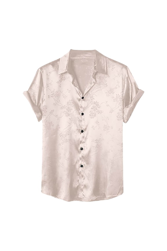 Men's Short Sleeve Satin Shirt Spread Collar Full Placket Smooth Fabric Stylish Casual Party Daily Wear Beige XXXL