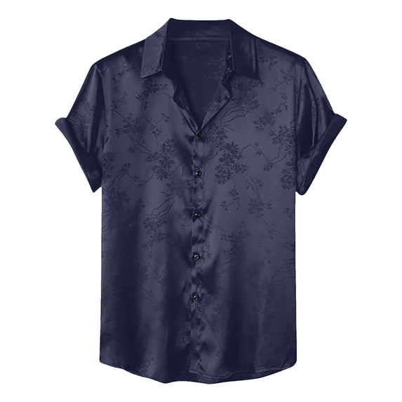 Mrmaere Men's Short Sleeve Satin Shirt Spread Collar Full Placket Smooth Fabric Stylish Casual Party Daily Wear Dark Blue XL