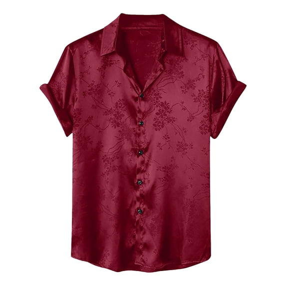 Mrmaere Men's Short Sleeve Satin Shirt Spread Collar Full Placket Smooth Fabric Stylish Casual Party Daily Wear Wine XL