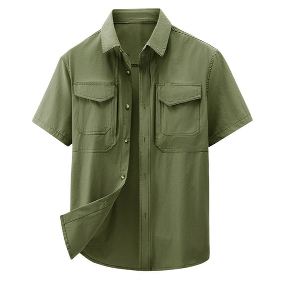 Mrmaere Men's Short Sleeve Shirt Dual Chest Pockets Point Collar Full Placket Durable Fabric Versatile Casual Outdoor Work Wear Army Green L