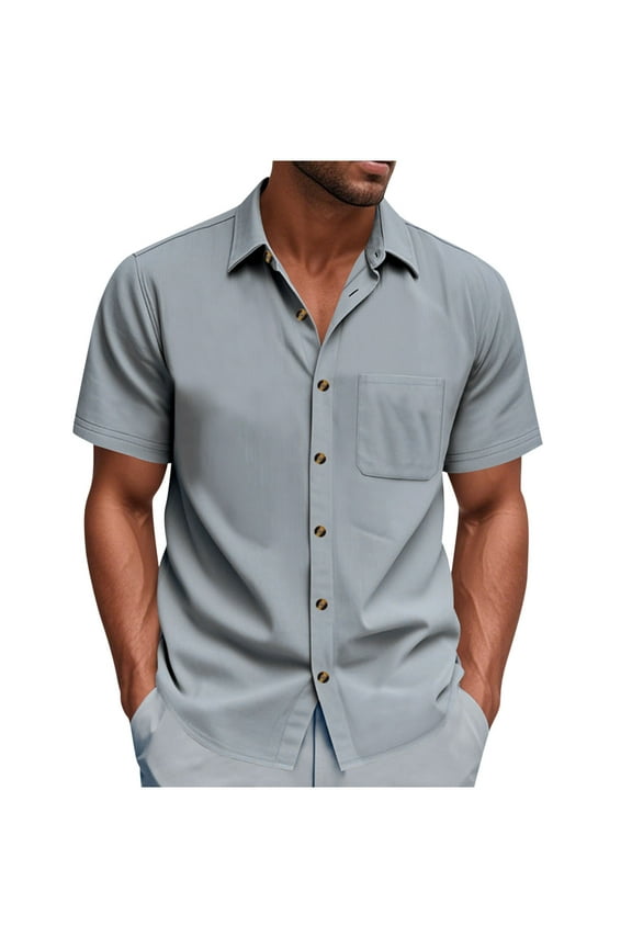 Men's Short Sleeve Shirt Point Collar Full Placket Durable Fabric Versatile Casual Work Outdoor Wear Gray M