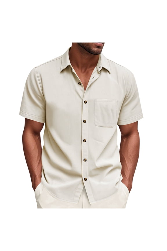 Men's Short Sleeve Shirt Point Collar Full Placket Durable Fabric Versatile Casual Work Outdoor Wear Khaki M