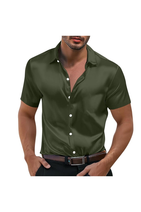 Men's Short Sleeve Shirt Spread Collar Full Placket Smooth Fabric Stylish Breathable Casual Daily Outdoor Wear Army Green L