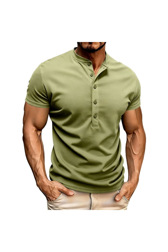 Men's Short Sleeve Stand Collar Top Multi-Button Closure Form-Fitting Fabric Comfortable Casual Daily Wear Army Green XXL