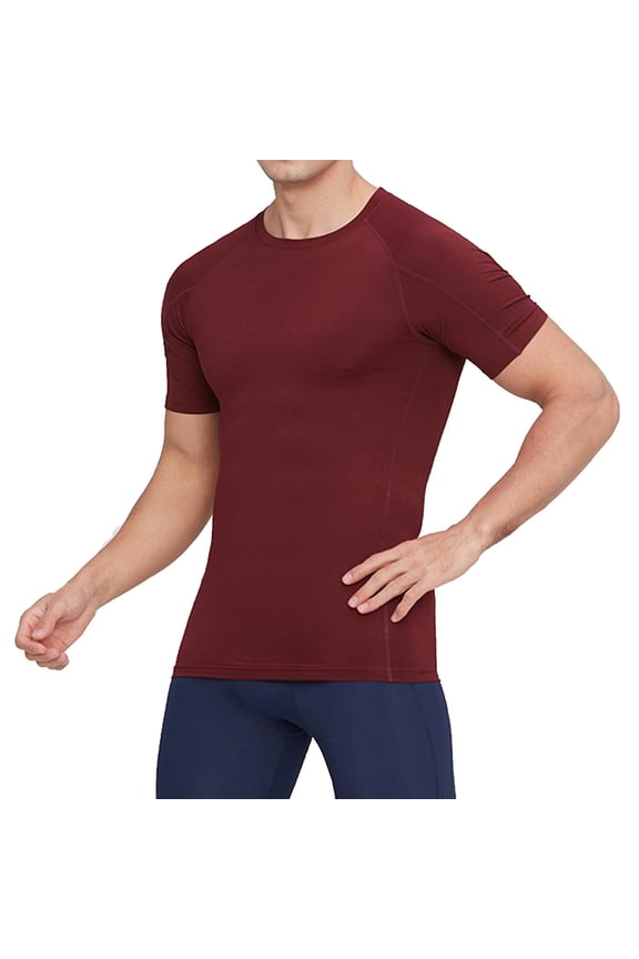Men's Short Sleeve Tee Streamlined Crew Neck Pull-On Design Stretchy Fabric Dry Fitness Casual Activity Wear Wine S
