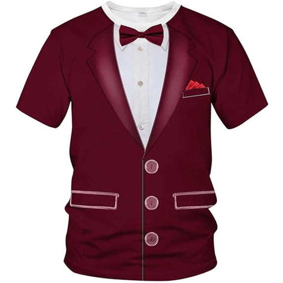 Mrmaere Men's Short Sleeve Tee Tuxedo Style Design Crew Neck Pull-On Fabric Decorative Buttons Casual Party Daily Wear Red L