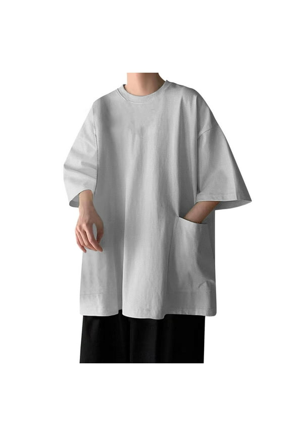 Men's Short Sleeve Tee Wide Sleeve Crew Neck Pull-On Design Side Pockets Soft Casual Daily Top Gray XXXXL