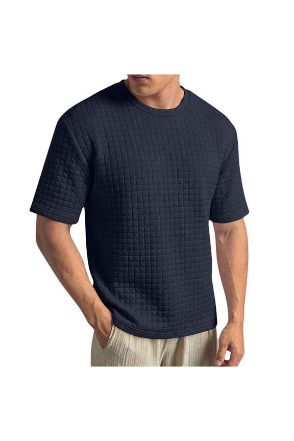 Men's Short Sleeve Textured Tee Crew Neck Pull-On Design Stretchy Fabric Moisture Wicking Casual Gym Activity Wear Navy XXL