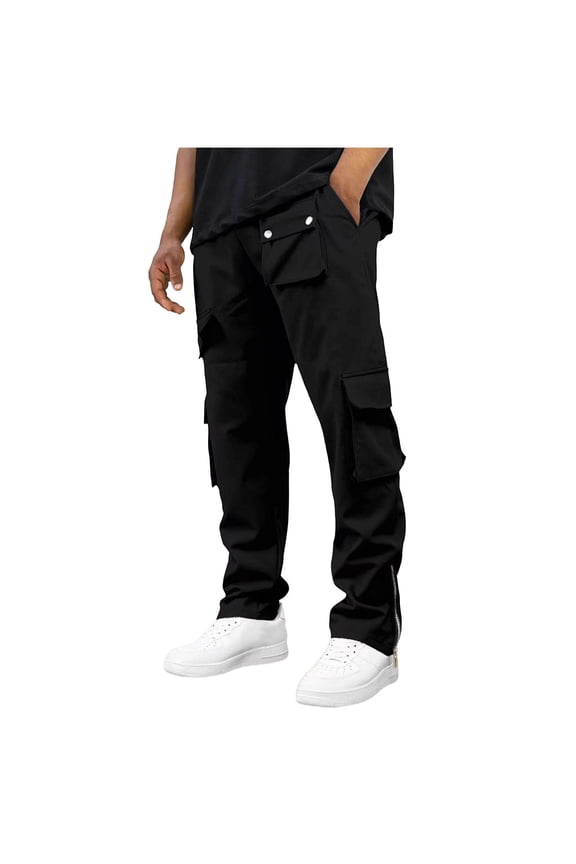 Men's Slim Cargo Pants Drawstring Waist Snap Pocket Detail Side Zip Fabric Casual Daily Streetwear Outdoor Errands Black XL