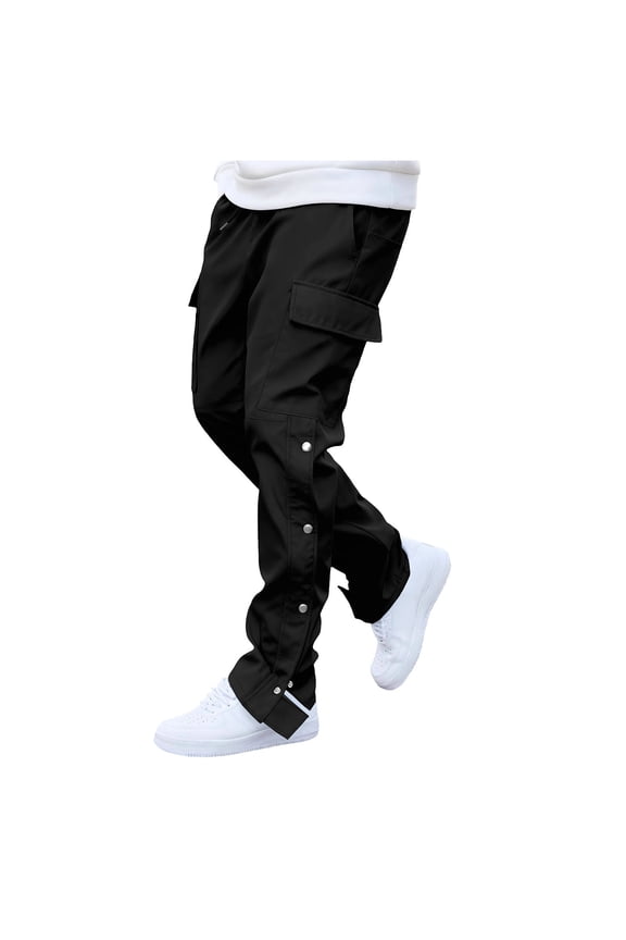 Men's Slim Cargo Pants Drawstring Waist Snap Side Detail Multi Pockets Fabric Casual Daily Streetwear Outdoor Errands Black L