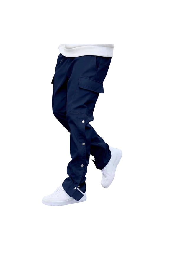 Men's Slim Cargo Pants Drawstring Waist Snap Side Detail Multi Pockets Fabric Casual Daily Streetwear Outdoor Errands Navy S