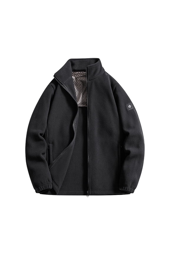 Men's Stand Collar Fleece Jacket Zip-Front Lightweight Warm Outerwear for Daily & Outdoor Wear Black L
