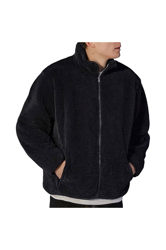 Men's Stand Collar Fuzzy Zip-Up Jacket Texture Warm Casual Outerwear for Daily & Leisure Wear Black L
