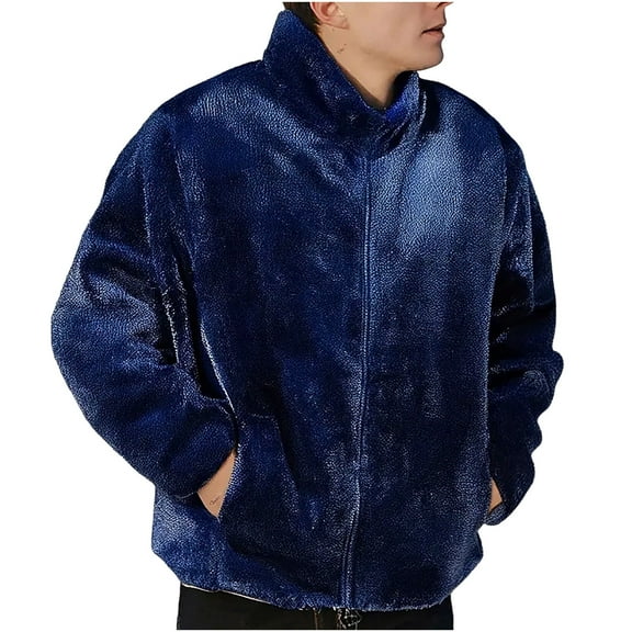 Mrmaere Men's Stand Collar Fuzzy Zip-Up Jacket Texture Warm Casual Outerwear for Daily & Leisure Wear Dark Blue XXXL