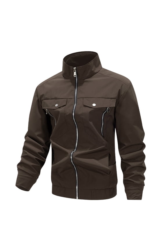 Men's Stand-Collar Jacket Asymmetrical Zip Multi-Pocket Sleek Outerwear for Daily & Casual Coffee L