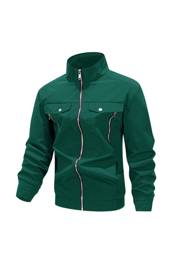 Men's Stand-Collar Jacket Asymmetrical Zip Multi-Pocket Sleek Outerwear for Daily & Casual Green S