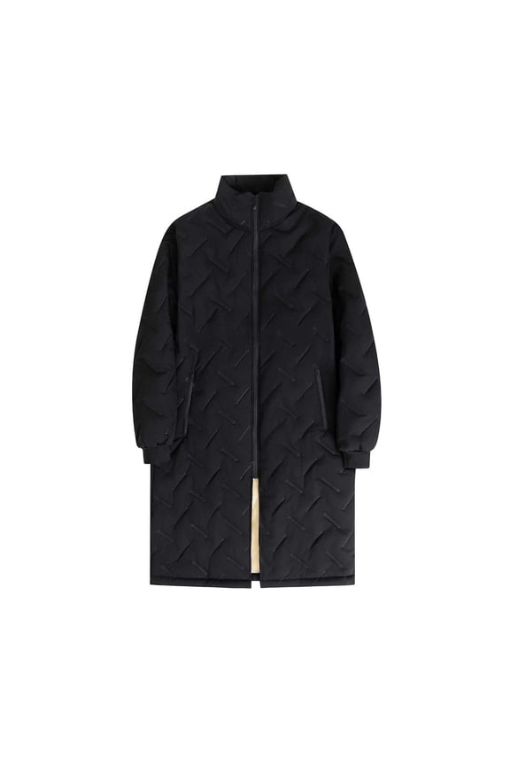 Men's Stand Collar Long Quilted Coat Herringbone Warm Casual Outerwear for Winter Daily & Outdoor Wear Black L