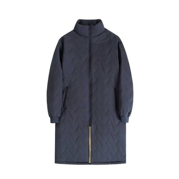Mrmaere Men's Stand Collar Long Quilted Coat Herringbone Warm Casual Outerwear for Winter Daily & Outdoor Wear Navy S