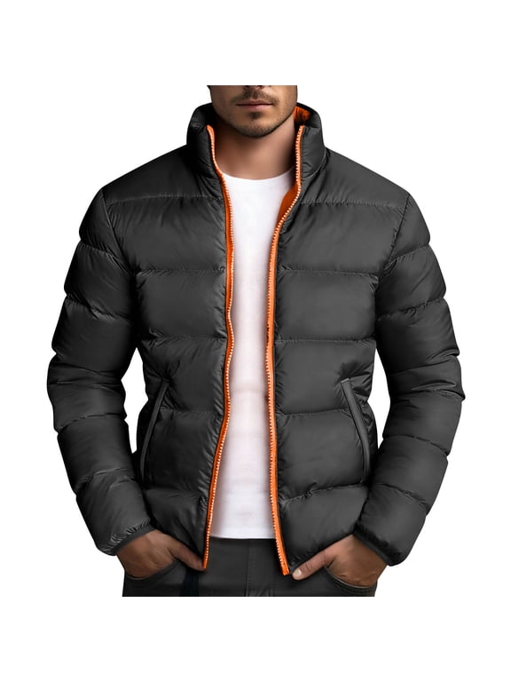 Men's Stand Collar Puffer Jacket Contrast Zipper Warm Insulated Coat for Winter Casual & Outdoor Wear Black M