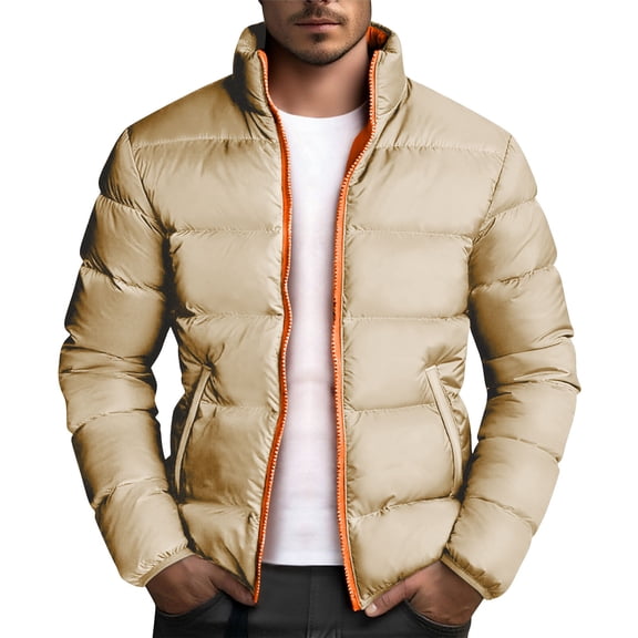 Mrmaere Men's Stand Collar Puffer Jacket Contrast Zipper Warm Insulated Coat for Winter Casual & Outdoor Wear Khaki S