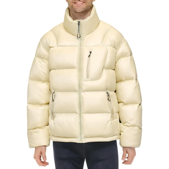 Mrmaere Men's Stand Collar Shiny Puffer Jacket Multi-Zipper Pocket Warm Insulated Coat for Winter Casual & Outdoor Wear Khaki XXL