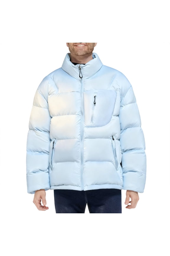 Men's Stand Collar Shiny Puffer Jacket Multi-Zipper Pocket Warm Insulated Coat for Winter Casual & Outdoor Wear Light Blue M