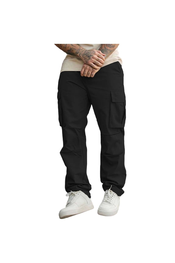 Men's Straight Leg Cargo Pants Button Waist Multi Pockets Fabric Casual Daily Streetwear Outdoor Errands Black S