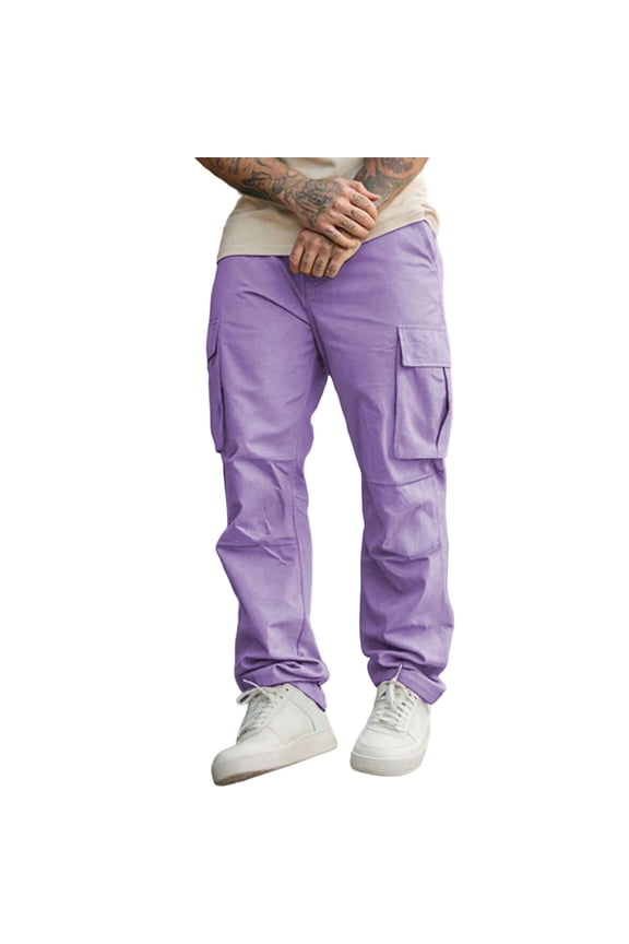 Men's Straight Leg Cargo Pants Button Waist Multi Pockets Fabric Casual Daily Streetwear Outdoor Errands Purple L