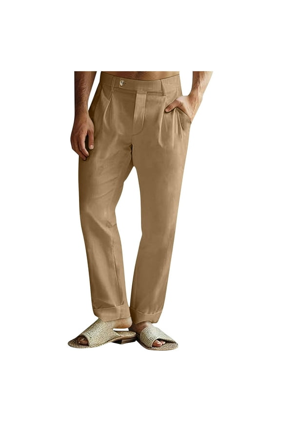 Men’s Straight Leg Drawstring Casual Pants Long Leg Soft Fabric Roomy Pockets Wear for Daily Errands Home Lounging Khaki M