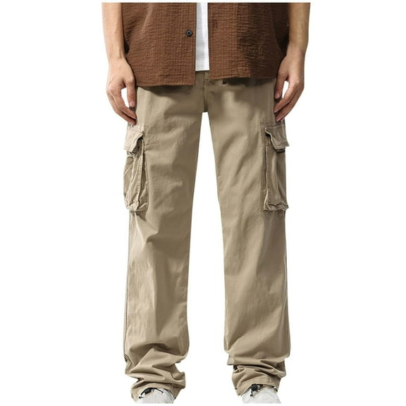 Mrmaere Men’s Straight Leg Multi Pocket Cargo Pants Long Leg Durable Fabric Functional Pockets Wear for Outdoor Work Urban Outings Khaki M