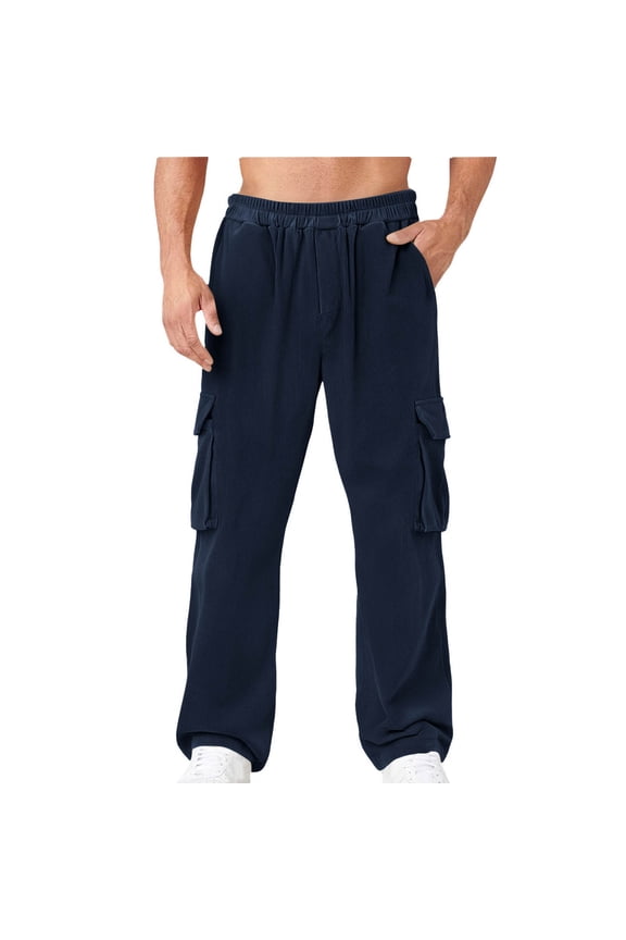 Men’s Straight Leg Multi Pocket Cargo Pants Long Leg Functional Pockets Classic Style Wear for Urban Outings Daily Activities Navy S