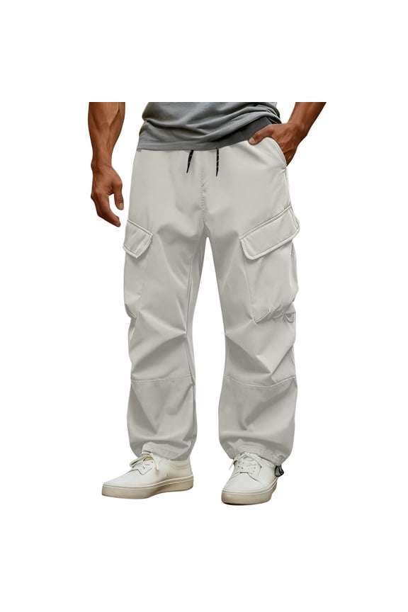 Men’s Straight Leg Multi Pocket Cargo Pants Long Leg Sturdy Fabric Practical Design Wear for Outdoor Tasks Urban Outings White XL