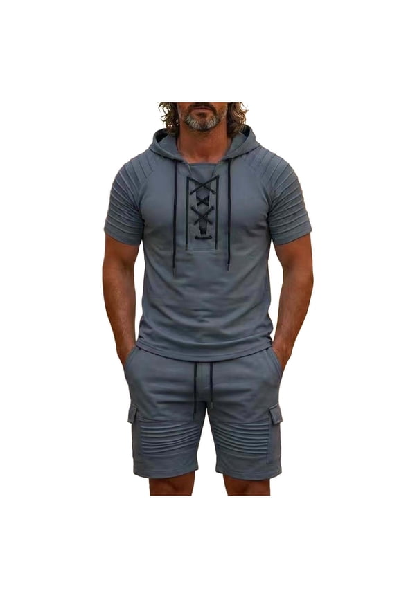 Men's Suit Set Hooded Design Solid Pattern Durable Construction For Long Term Use Easy To Match With Footwear Gray S