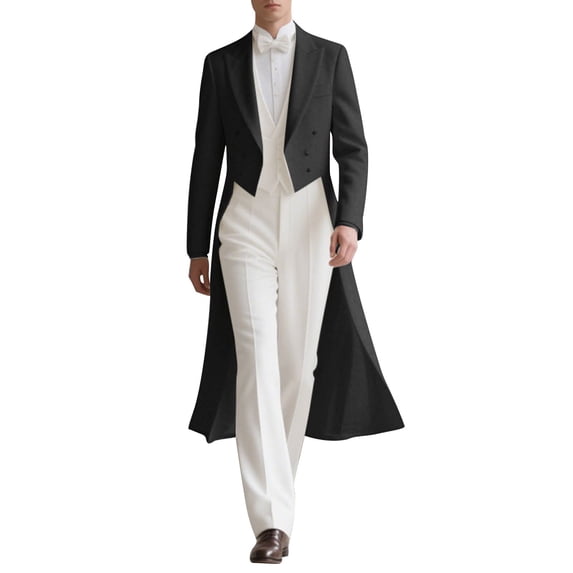 Mrmaere Men's Tailcoat Formal Long Coat Double-Breasted Elegant Outerwear for Wedding & Black S