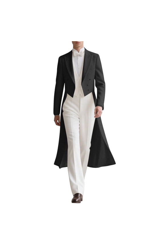 Men's Tailcoat Formal Long Coat Double-Breasted Elegant Outerwear for Wedding & Black S