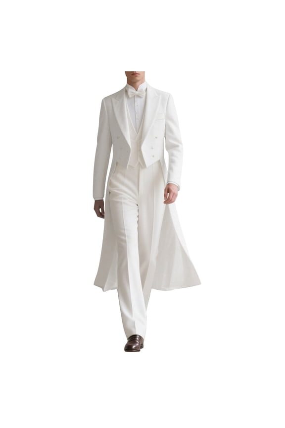 Men's Tailcoat Formal Long Coat Double-Breasted Elegant Outerwear for Wedding & White L