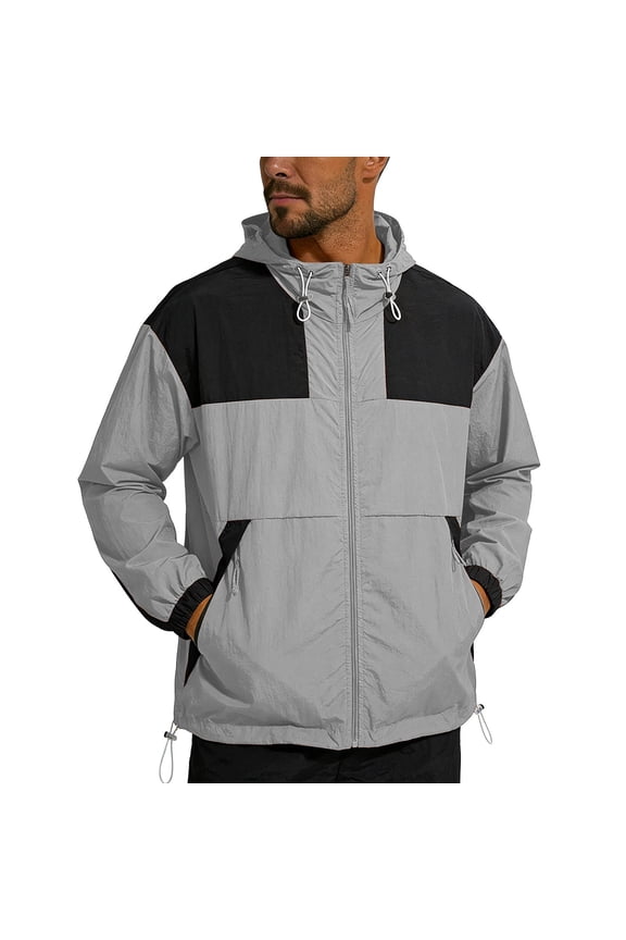 Men's UPF 50+ Sun Protection Color Block Hooded Jacket Full Zip Long Sleeve Outdoor Work Coat Gray L