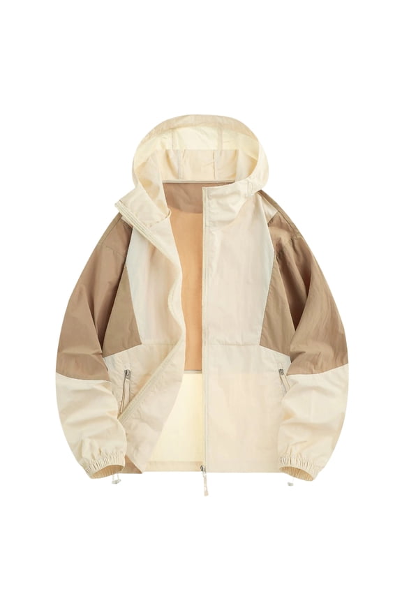 Men's UPF 50+ Sun Protection Color Block Hooded Jacket Multi Pocket Full Zip Outdoor Hiking Shirt Khaki M